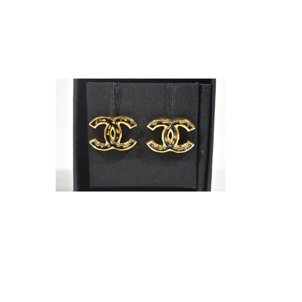 Chanel 23C Gold Black Interlocking CC Logo Classic Drop Statement Stud Earrings - Picture 3 of 8